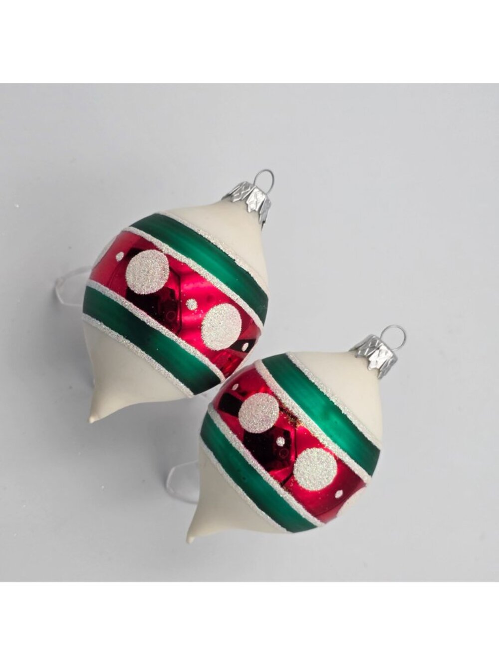 Vintage Glass Christmas Ornaments Red & Green With Glitter Polka Dots Teardrop - Picture 6 of 8